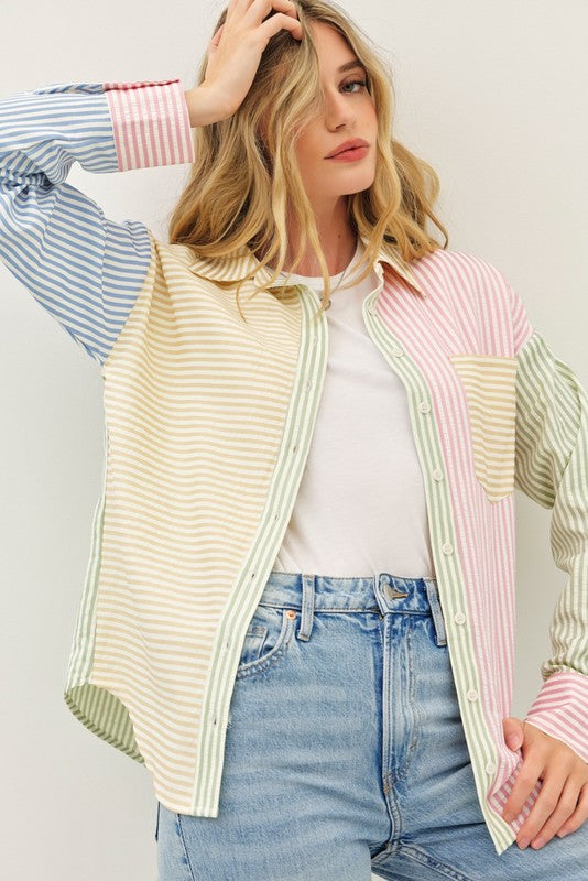 Colorblock Pastel Stripe Button-Up Shirt