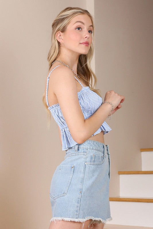Blue Gingham Ruffle Hem Crop Top