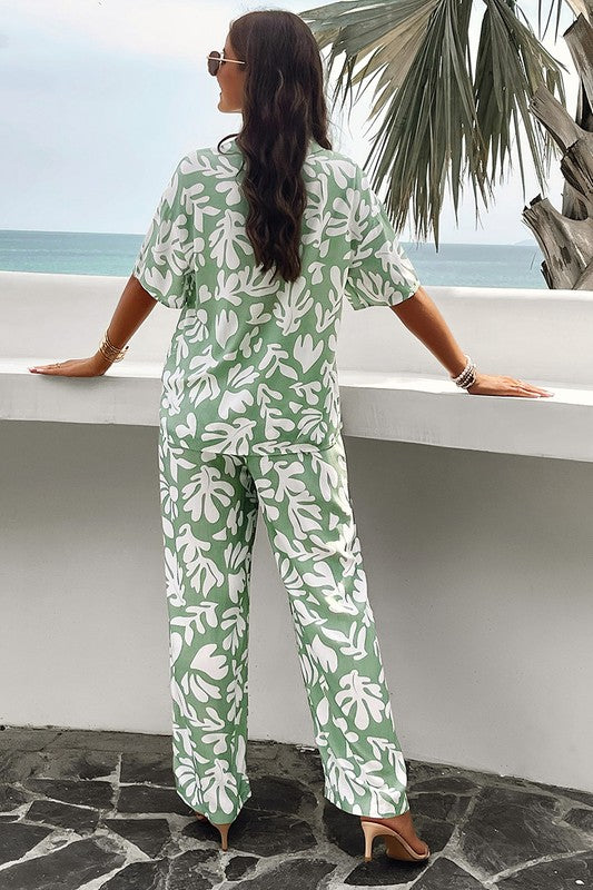 Tropical Leaf Print Button-Down Set