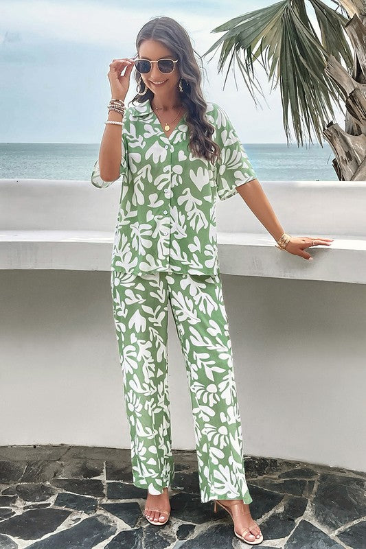 Tropical Leaf Print Button-Down Set