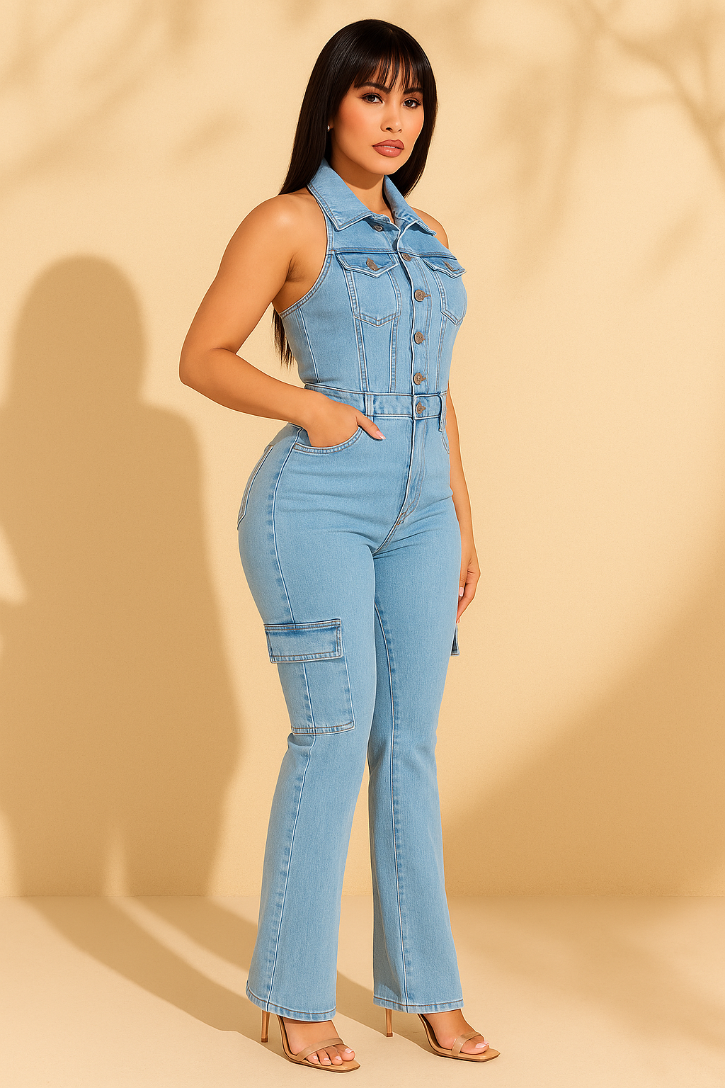 Light Wash Denim Cargo Jumpsuit