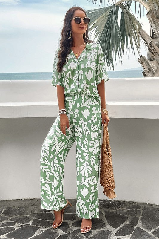 Tropical Leaf Print Button-Down Set