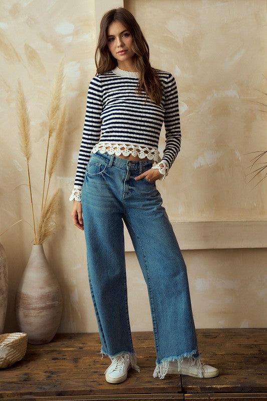 Coastal Charm Striped Crochet Sweater