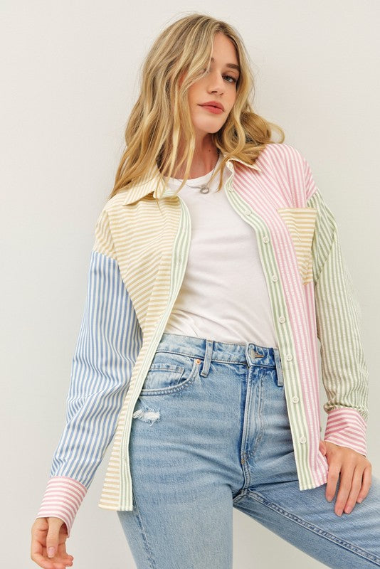 Colorblock Pastel Stripe Button-Up Shirt