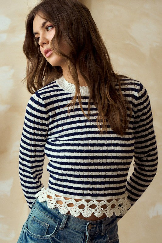 Coastal Charm Striped Crochet Sweater