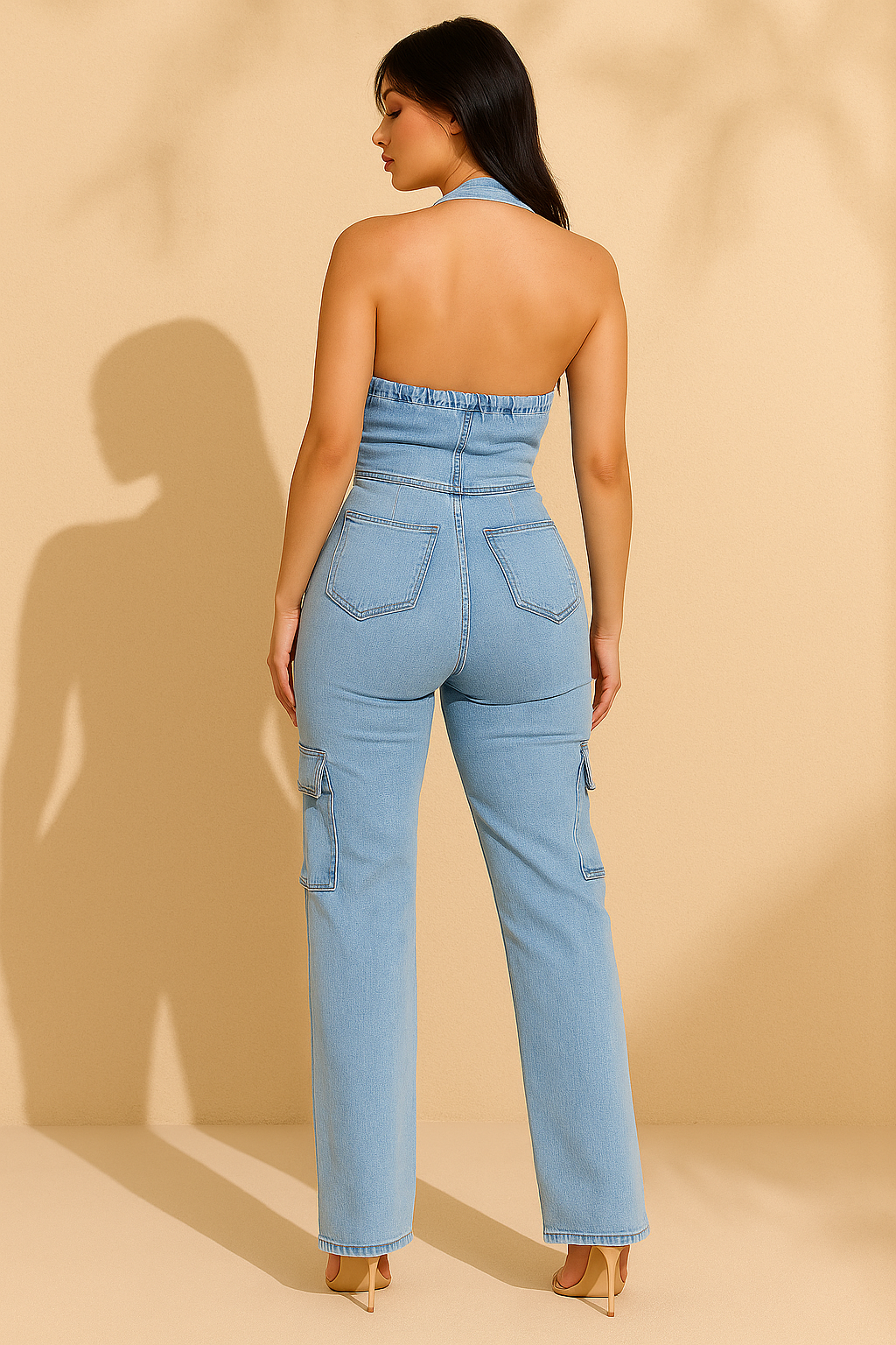 Light Wash Denim Cargo Jumpsuit