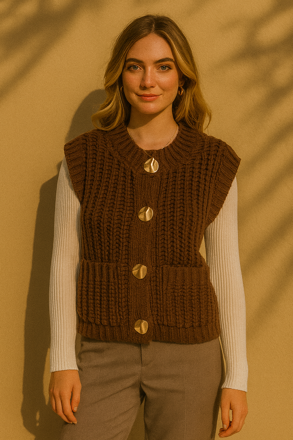 Chunky Knit Vest with Gold Buttons