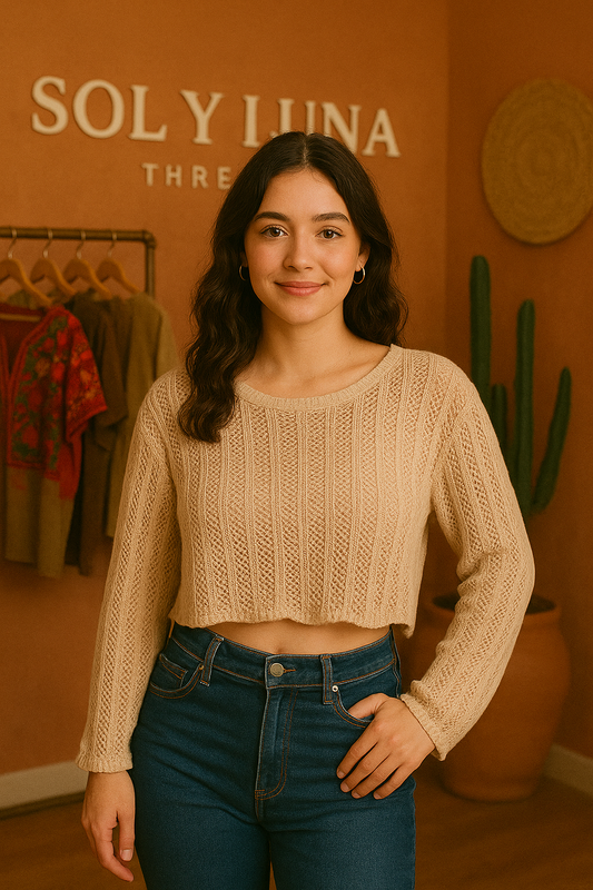 Sand Beige Crochet Knit Crop Top