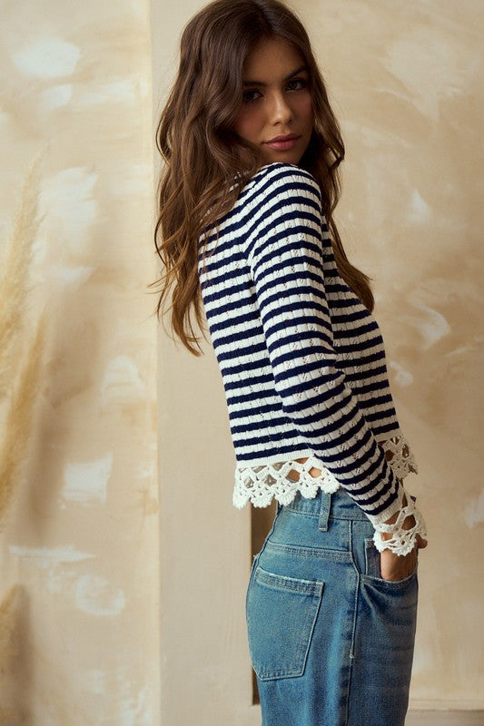 Coastal Charm Striped Crochet Sweater