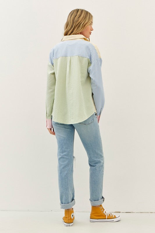 Colorblock Pastel Stripe Button-Up Shirt